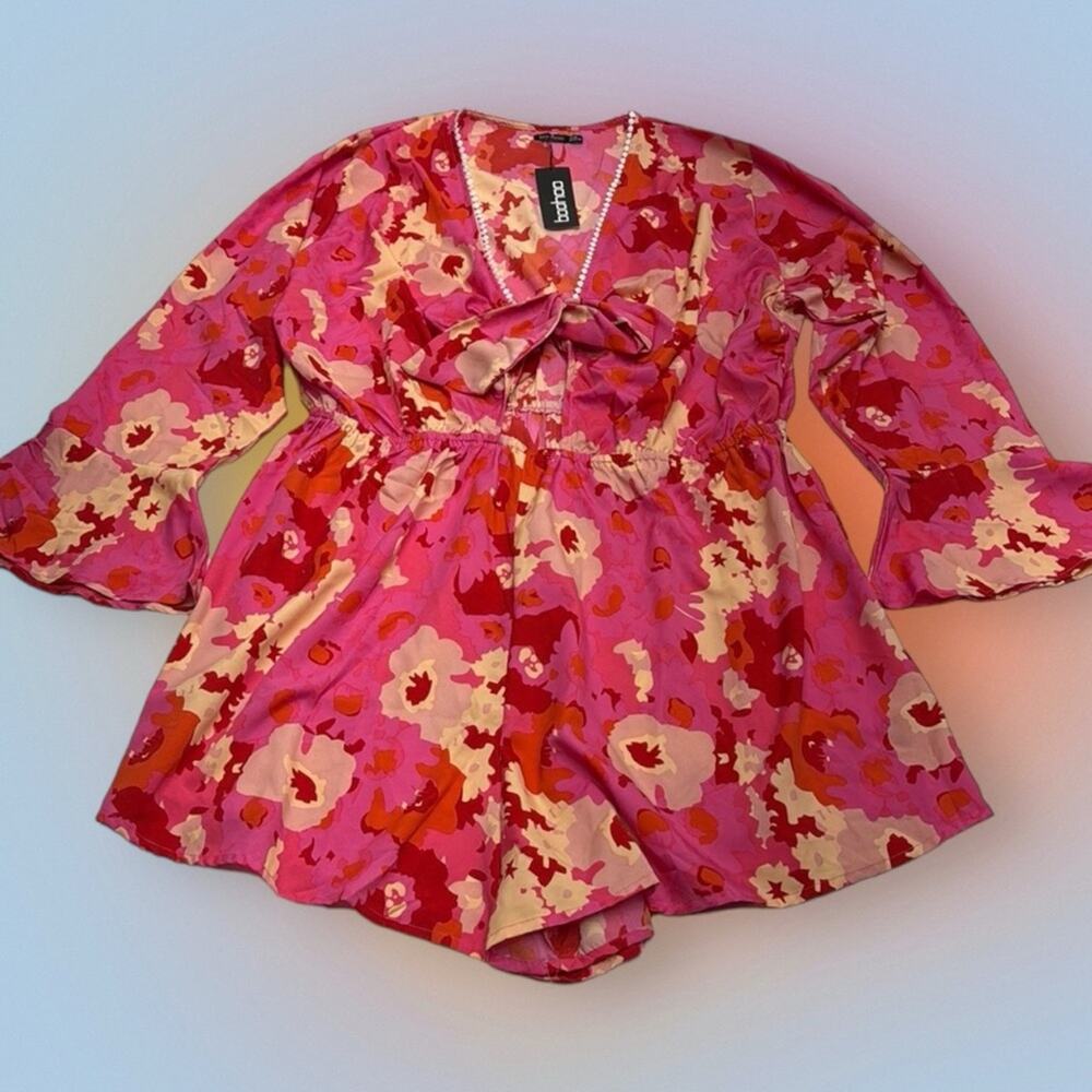 BOOHOO Women’s 18 Woven Pink Floral Print Tie Front Playsuit